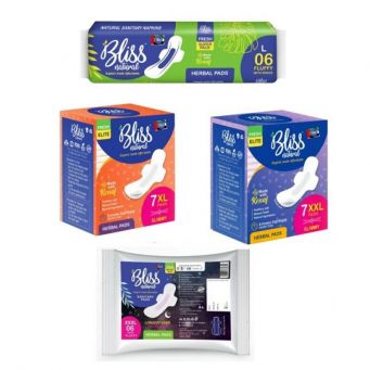 BLISS NATURAL COMBO (L, XL, XXL, XXXL) Organic Sanitary Napkin pads with wings for women