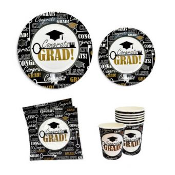 28 Pieces Congrats Grad Tableware Set Graduation Party Supplies - Black and White