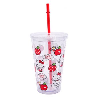 Hello Kitty Leak Proof Straw Cup, Clear, Apple KT Logo Printed 450ml