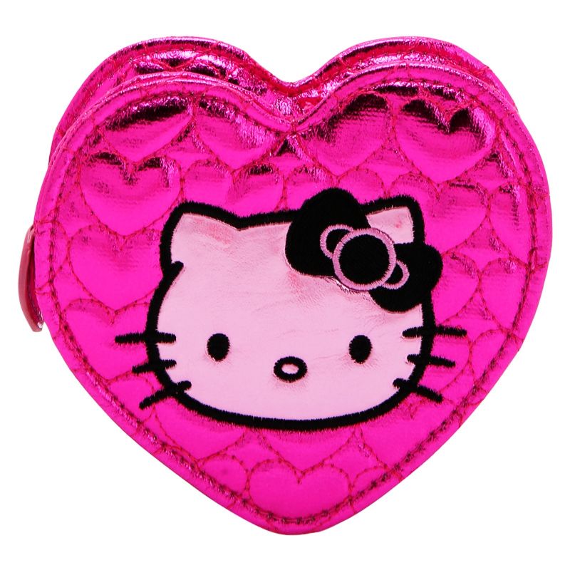 Hello Kitty Heart Shape Zip Closure Coin Purse, Glow, Pink 