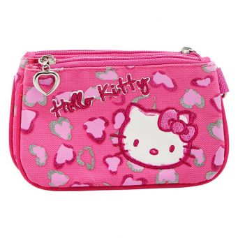Hello Kitty Zip Clouser Coin Purse, Heart Printed Tri-Pocket Pouch, Pink