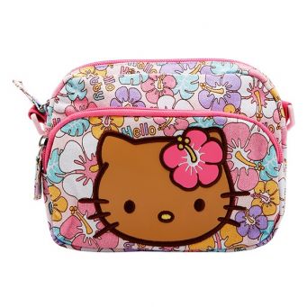 Hello Kitty Floral Printed Zip Closure Shoulder Bag, Multicolour Texture, Pink