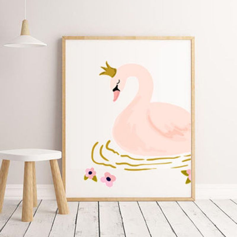Pink Floral Swan Wall Art Print