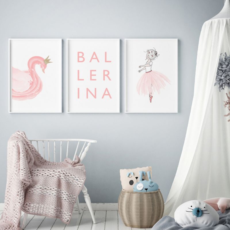 Set Of 3 Wall Art Prints - Pink Ballerina Swan