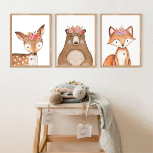 Set Of 3 Wall Art Prints - Woodland Watercolour Animals Fox, Deer & Bear