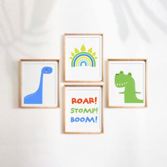 Set Of 4 Dinosaur Rainbow Wall Art Prints