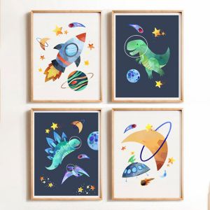 Set Of 4 Dinosaur Space Wall Art Prints