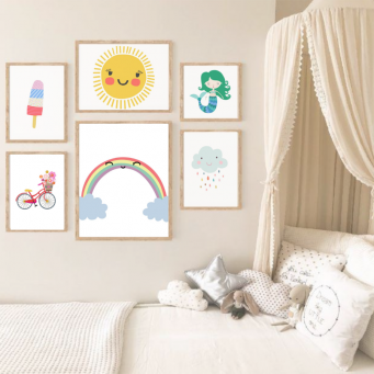 Set Of 6 - Mermaid, Rainbow, Sun, Popsicle, Cloud & Bicycle Wall Art Prints
