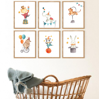 Set Of 6 Circus Animals Watercolour Wall Art Prints